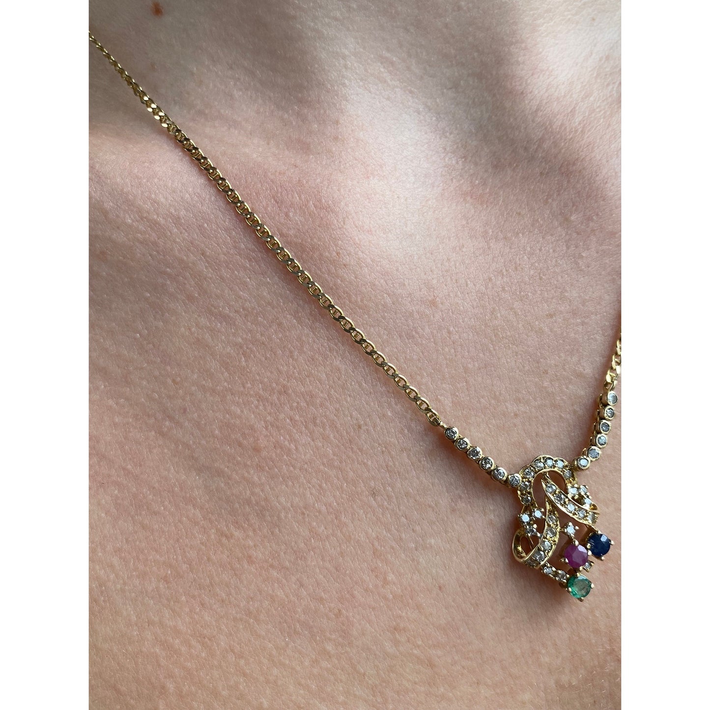 Solid 14k Yellow Gold Diamond Ruby Emerald Sapphire Dainty Mariner Chain Necklace - 18 inches