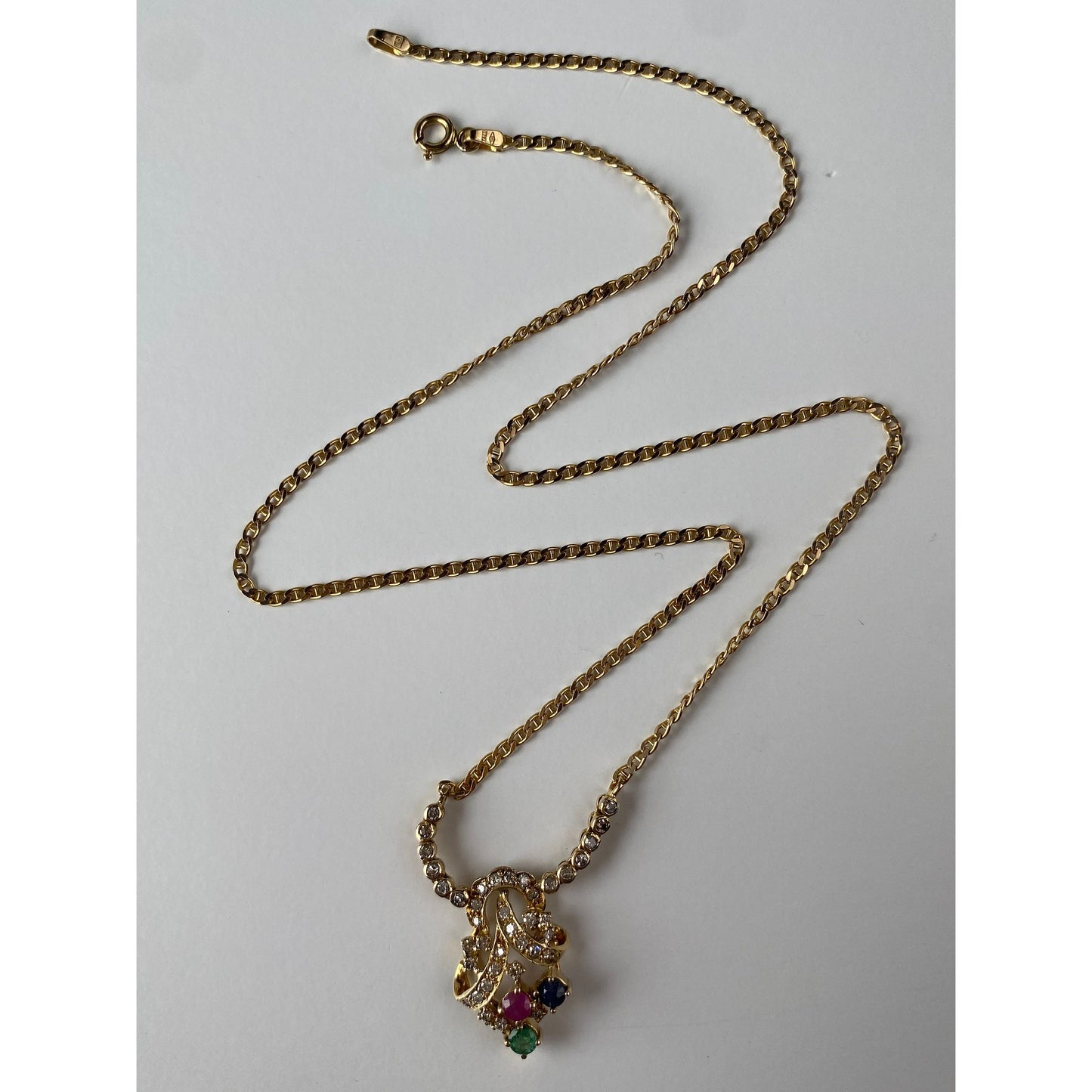 Solid 14k Yellow Gold Diamond Ruby Emerald Sapphire Dainty Mariner Chain Necklace - 18 inches
