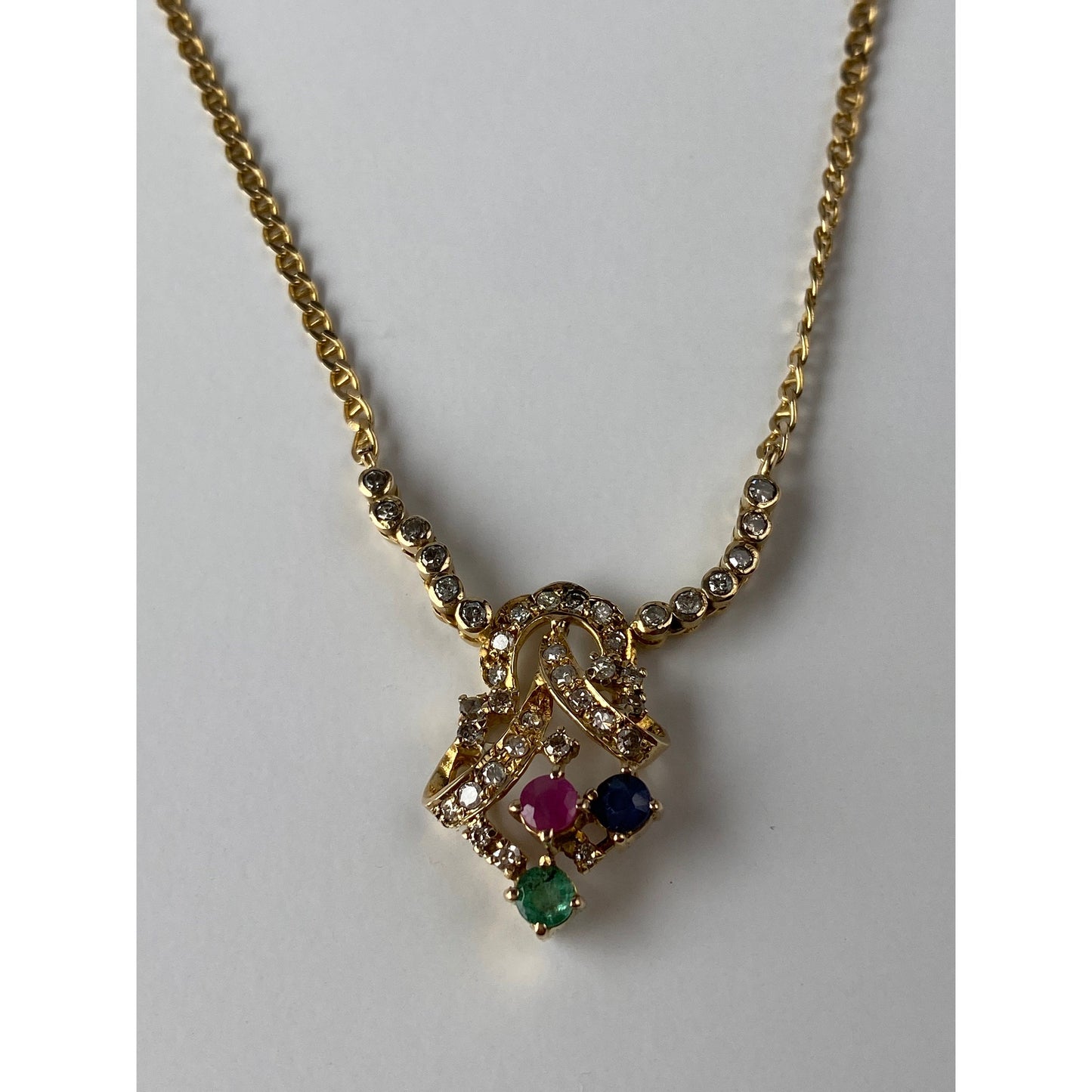 Solid 14k Yellow Gold Diamond Ruby Emerald Sapphire Dainty Mariner Chain Necklace - 18 inches