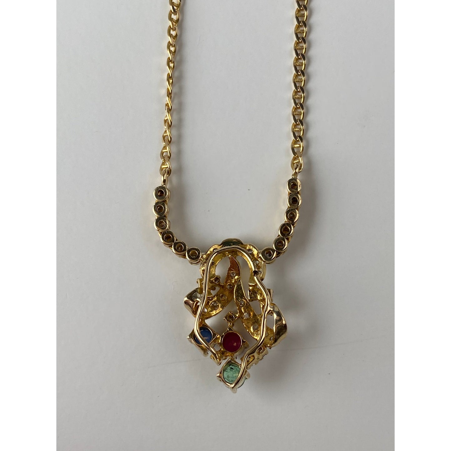 Solid 14k Yellow Gold Diamond Ruby Emerald Sapphire Dainty Mariner Chain Necklace - 18 inches