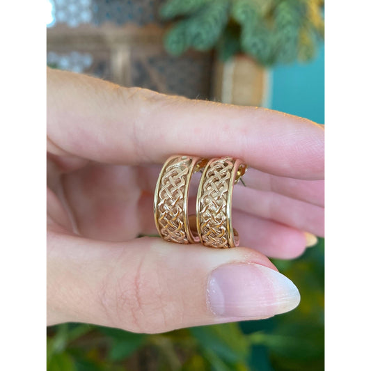 Vintage Solid 10k Yellow Gold Celtic Design Hoop Earrings