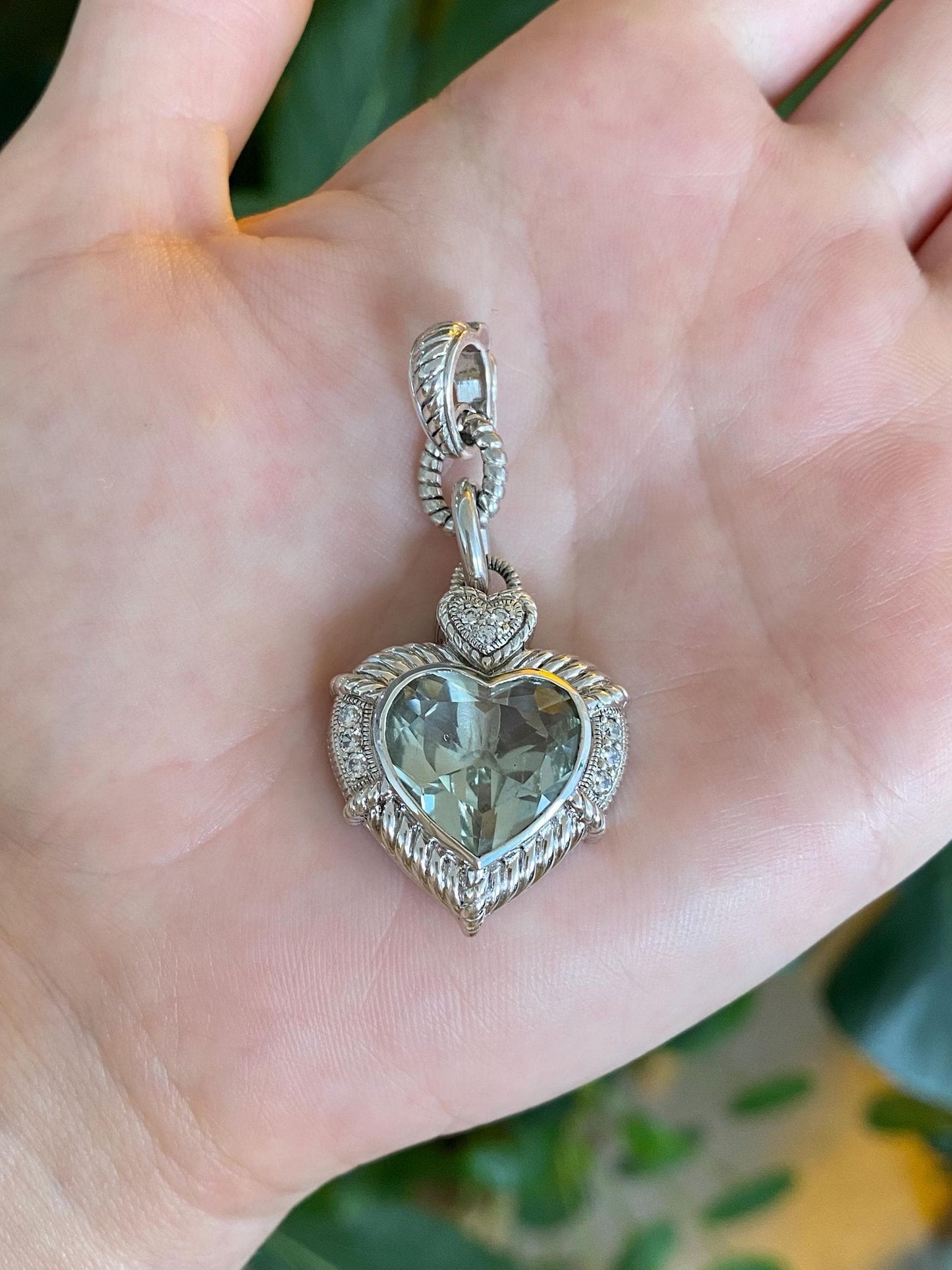 Judith Ripka Solid Sterling Silver Aquamarine Clear Cubic Zirconia Heart Clasp Charm