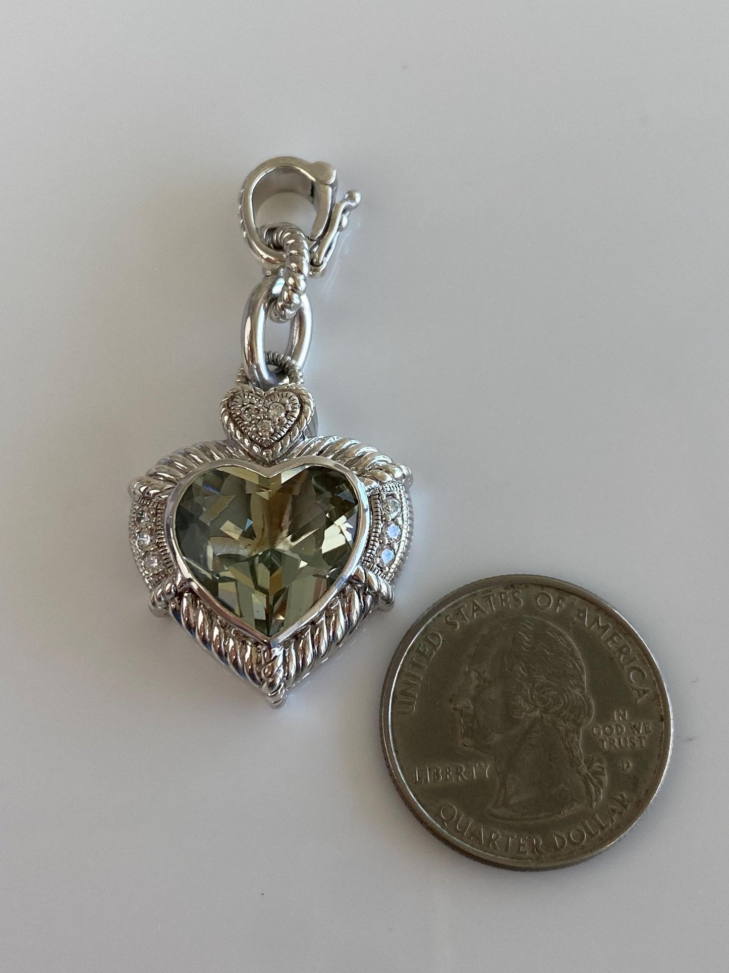 Judith Ripka Solid Sterling Silver Aquamarine Clear Cubic Zirconia Heart Clasp Charm