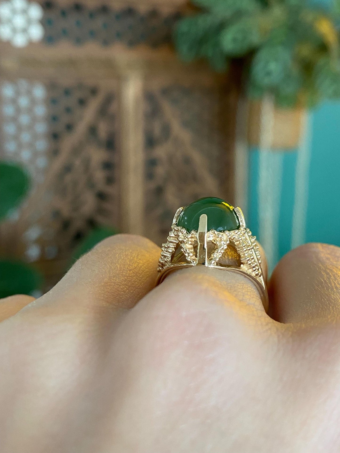 Vintage Solid 10k Yellow Gold Nephrite Ring - Size 6.25