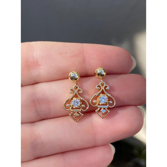 Vintage Solid 14k Yellow Gold Diamond Ornate Dangle Stud Earrings