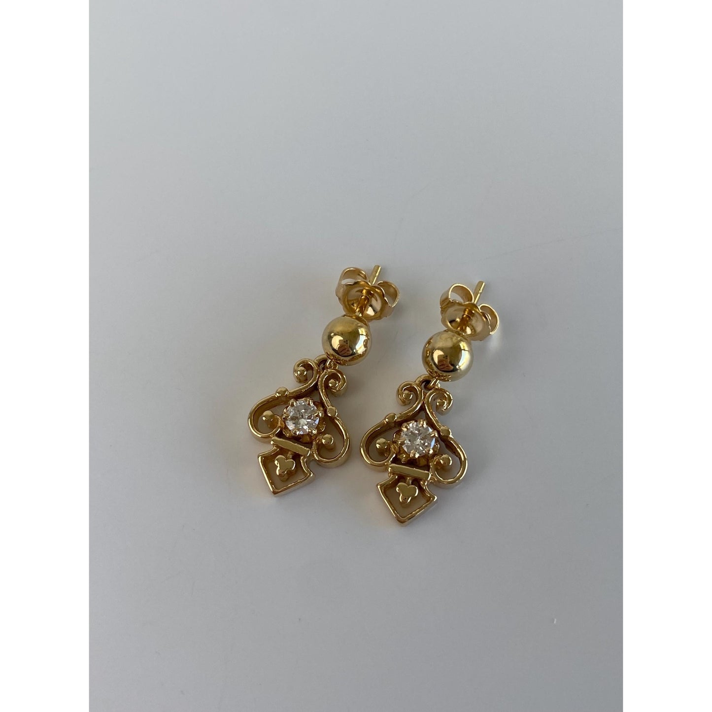 Vintage Solid 14k Yellow Gold Diamond Ornate Dangle Stud Earrings