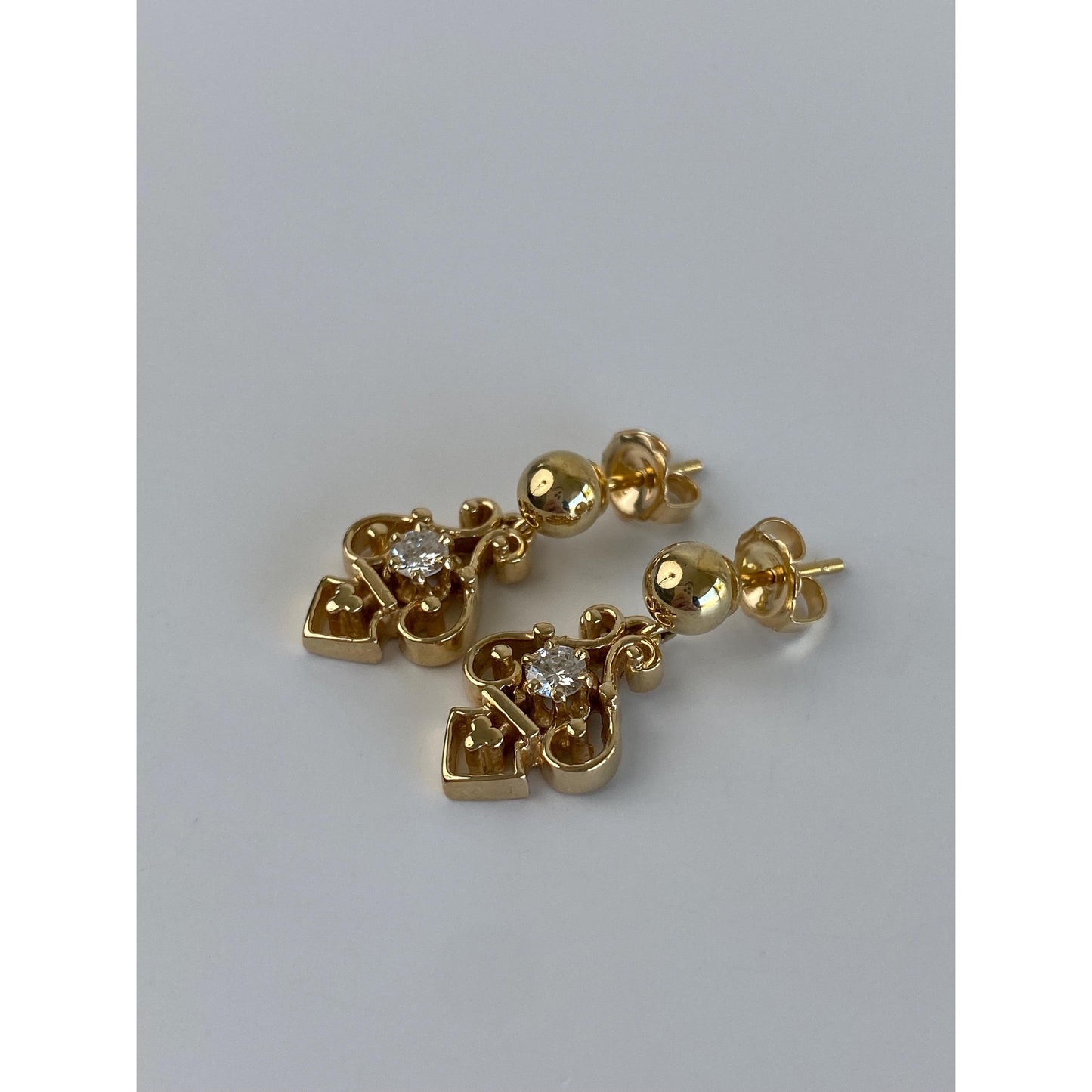 Vintage Solid 14k Yellow Gold Diamond Ornate Dangle Stud Earrings