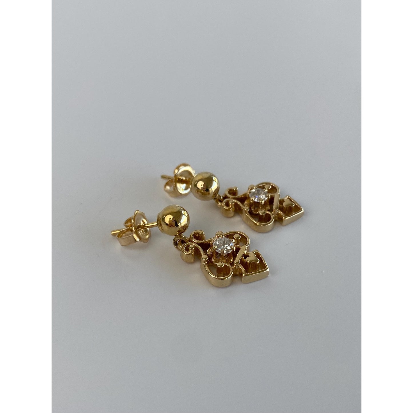 Vintage Solid 14k Yellow Gold Diamond Ornate Dangle Stud Earrings
