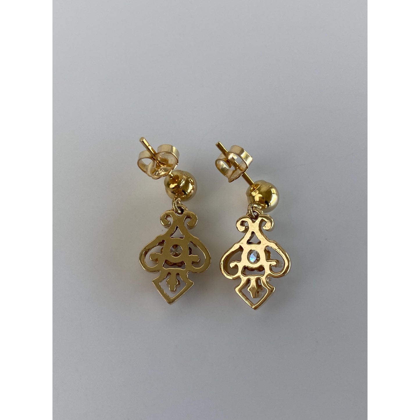 Vintage Solid 14k Yellow Gold Diamond Ornate Dangle Stud Earrings