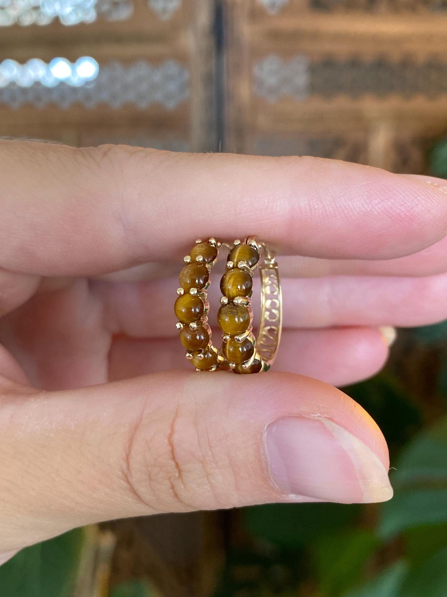 Vintage Solid 14k Yellow Gold Tigers Eye Hoop Earrings