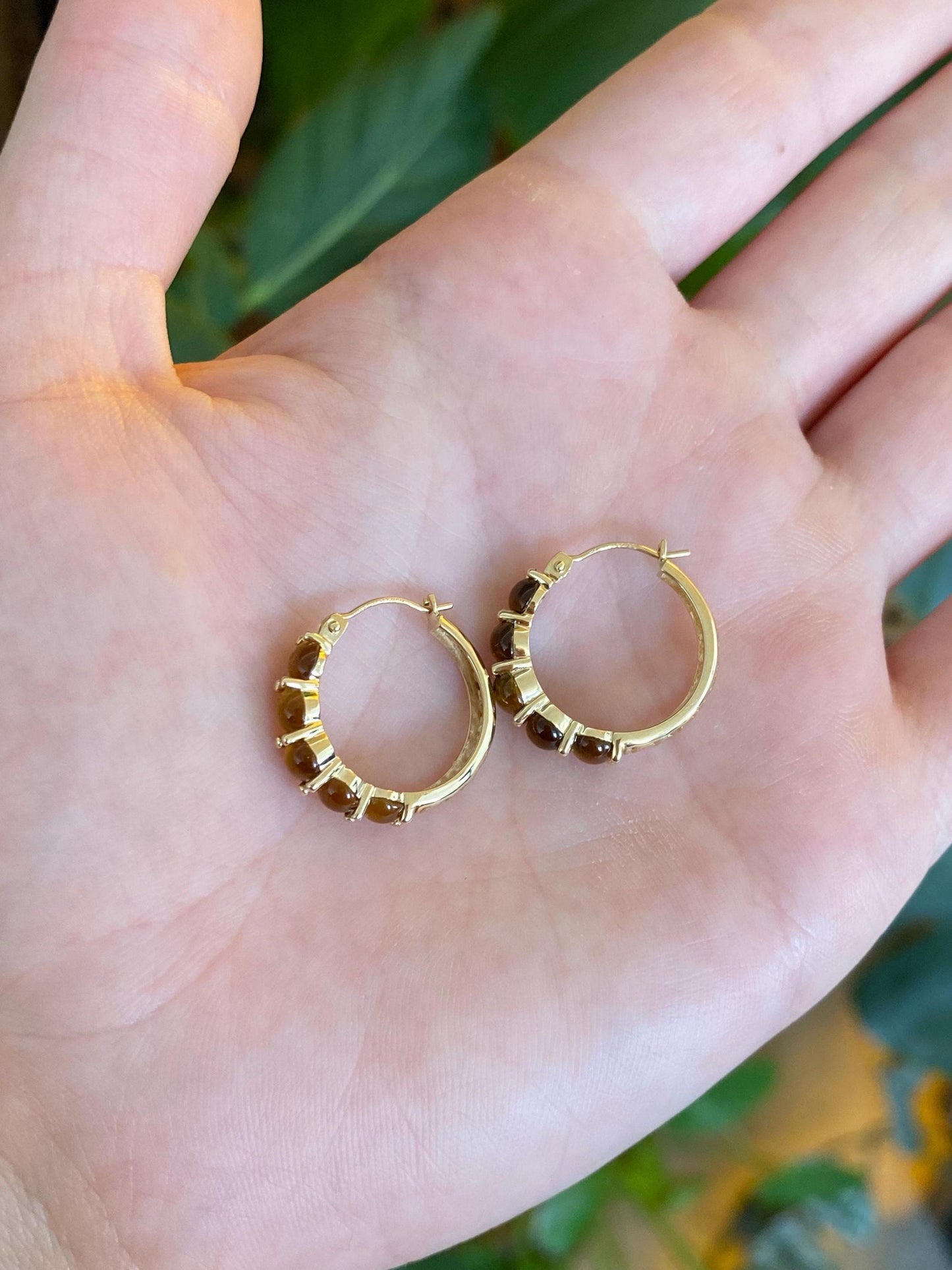 Vintage Solid 14k Yellow Gold Tigers Eye Hoop Earrings