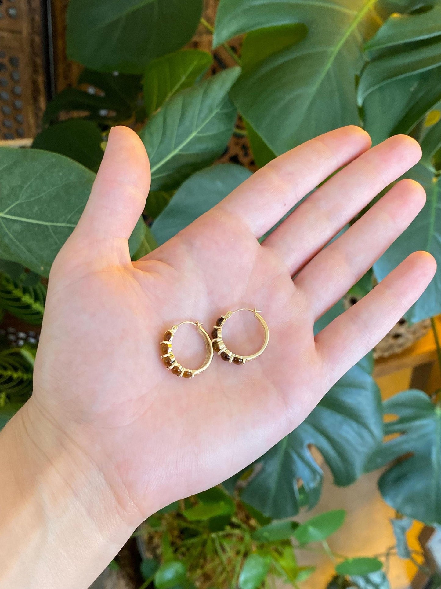 Vintage Solid 14k Yellow Gold Tigers Eye Hoop Earrings