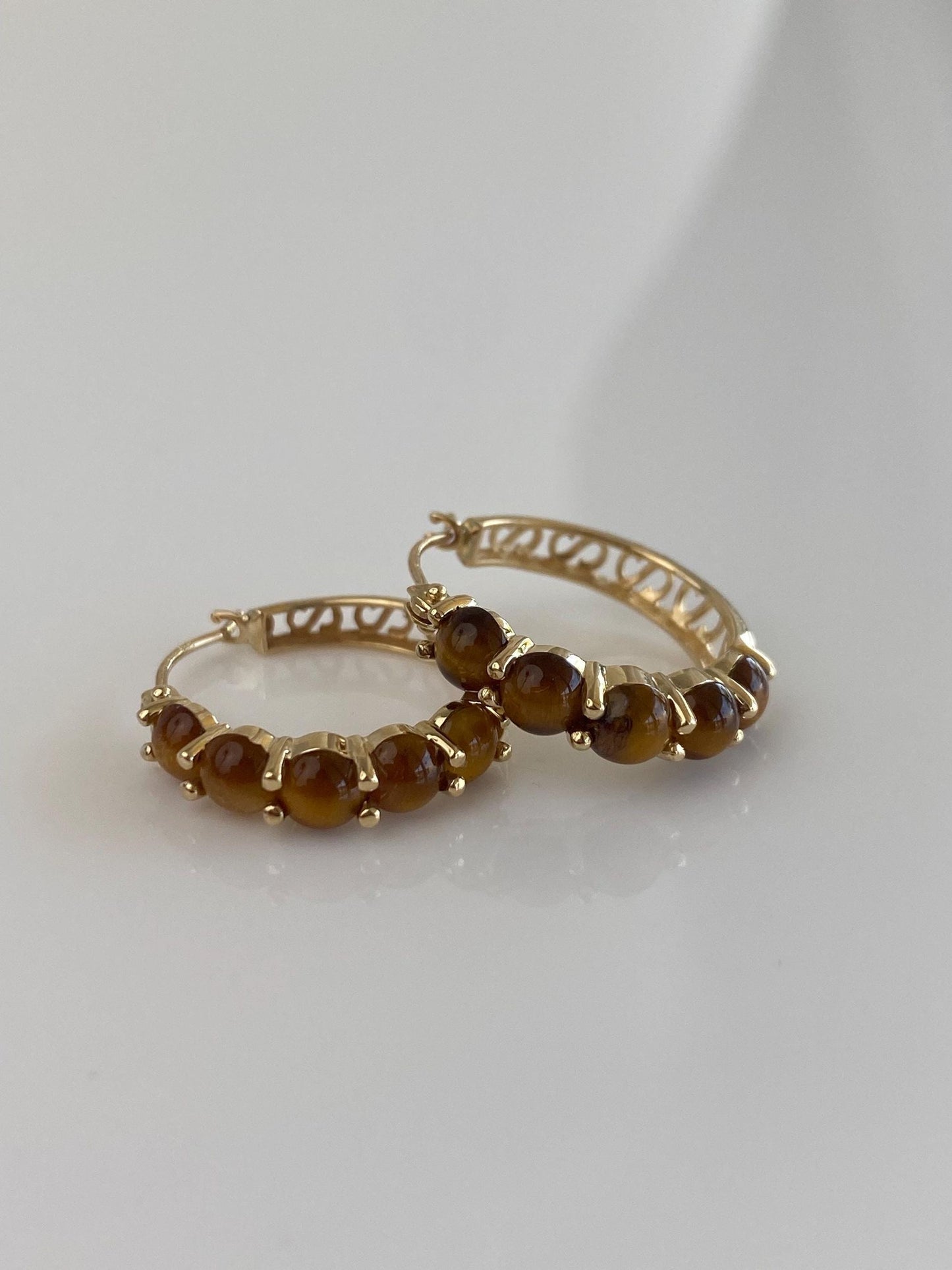 Vintage Solid 14k Yellow Gold Tigers Eye Hoop Earrings
