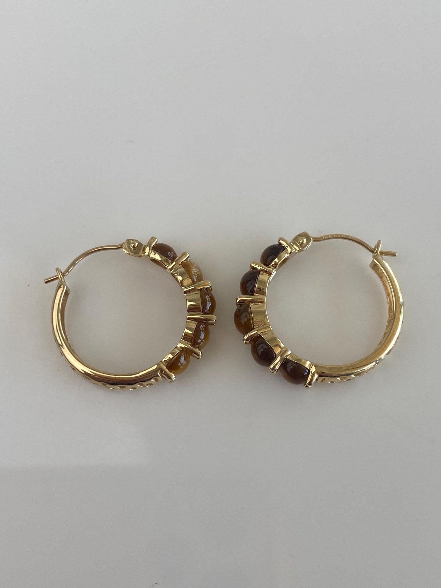 Vintage Solid 14k Yellow Gold Tigers Eye Hoop Earrings