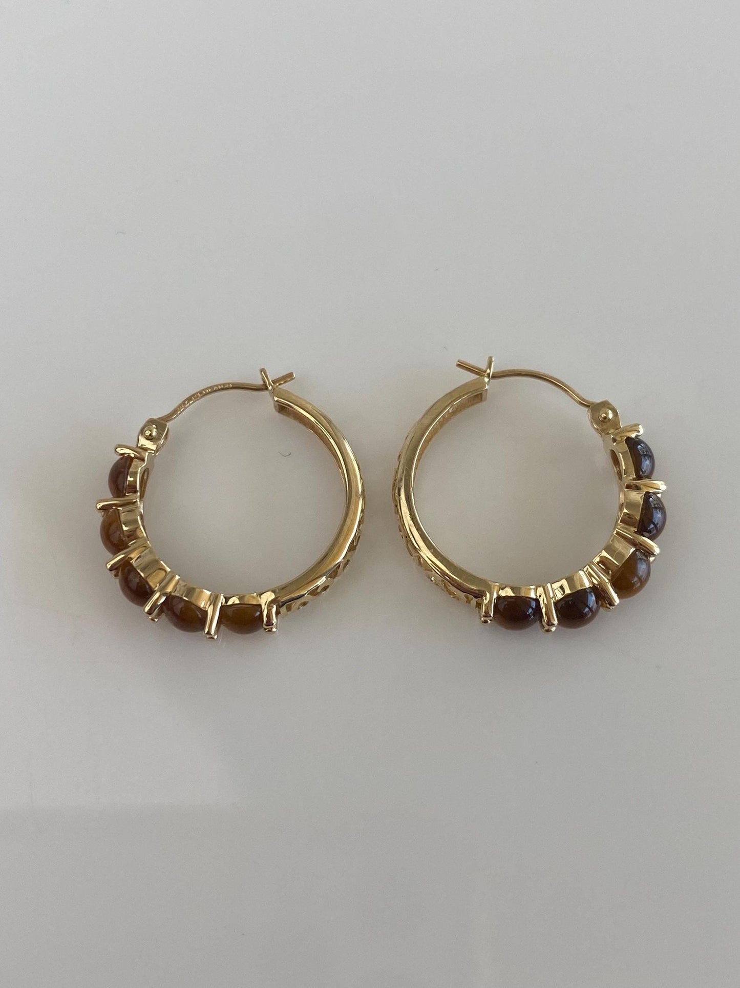Vintage Solid 14k Yellow Gold Tigers Eye Hoop Earrings