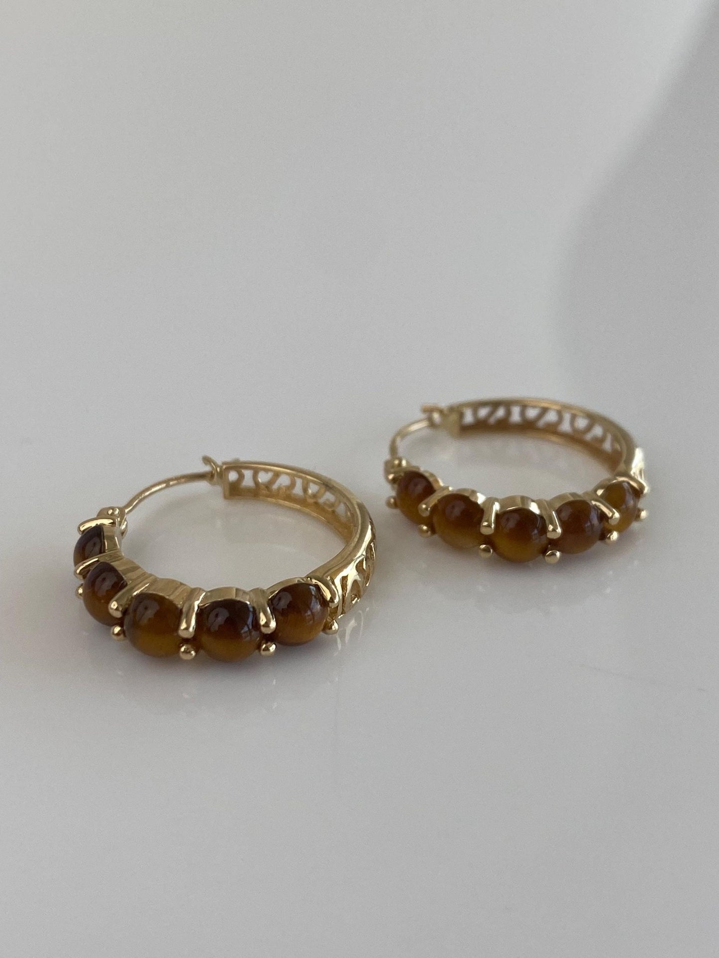 Vintage Solid 14k Yellow Gold Tigers Eye Hoop Earrings