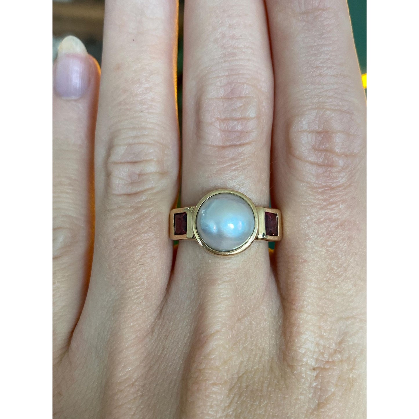 Vintage Solid 14k Yellow Gold Pink Tourmaline Mabe Pearl Ring - Size 7