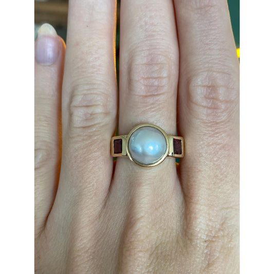 Vintage Solid 14k Yellow Gold Pink Tourmaline Mabe Pearl Ring - Size 7