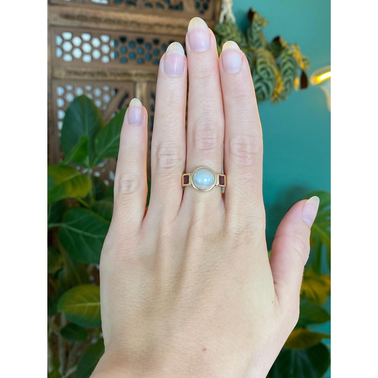 Vintage Solid 14k Yellow Gold Pink Tourmaline Mabe Pearl Ring - Size 7