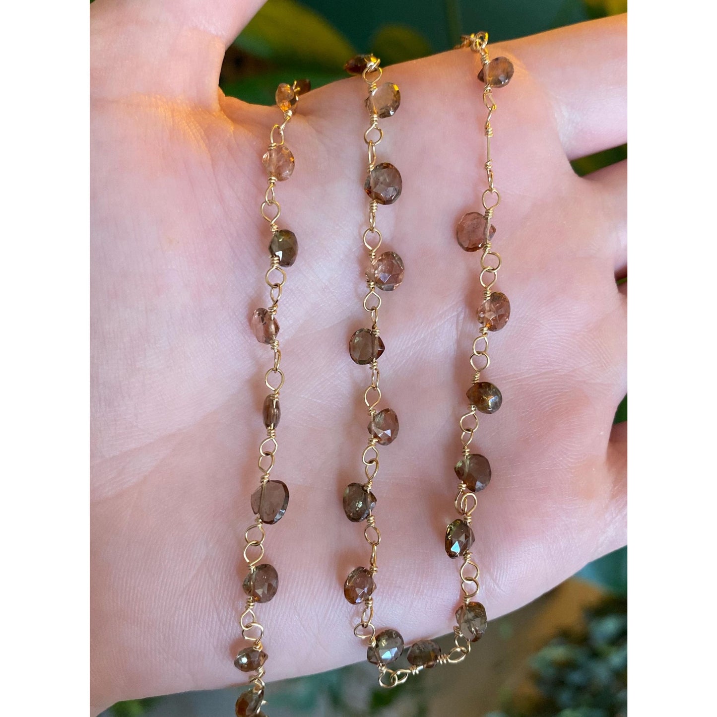 Vintage Solid 14k Yellow Gold Smokey & Pink Quartz Bead Link Necklace - 15.5 inches