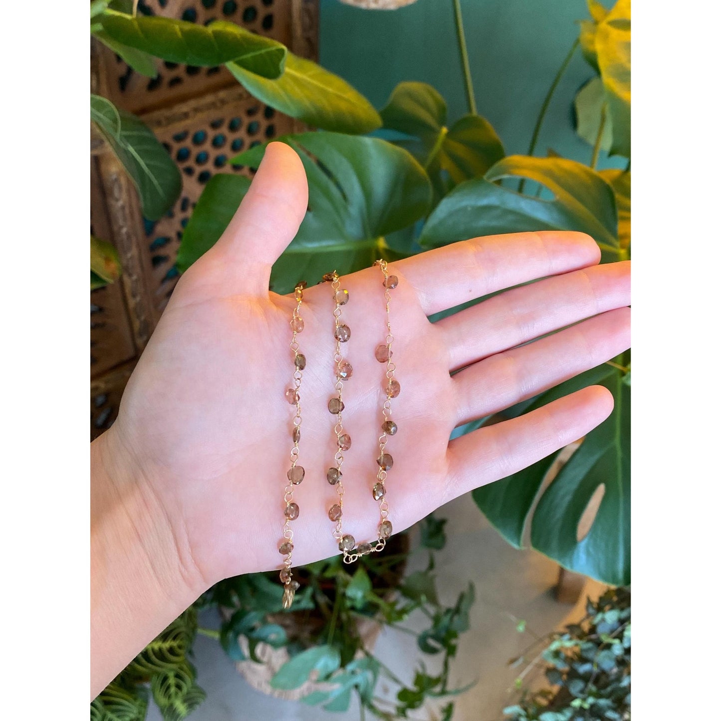 Vintage Solid 14k Yellow Gold Smokey & Pink Quartz Bead Link Necklace - 15.5 inches