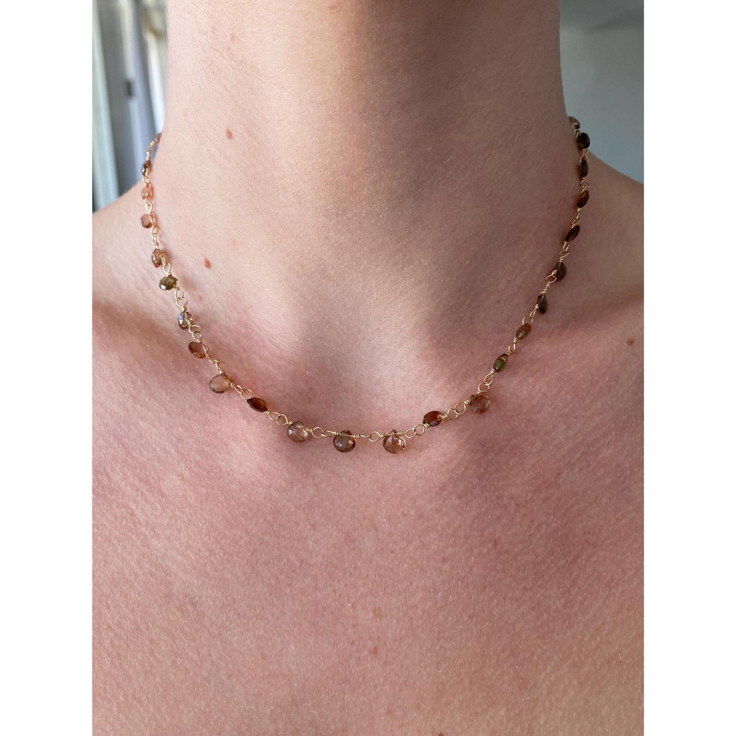 Vintage Solid 14k Yellow Gold Smokey & Pink Quartz Bead Link Necklace - 15.5 inches