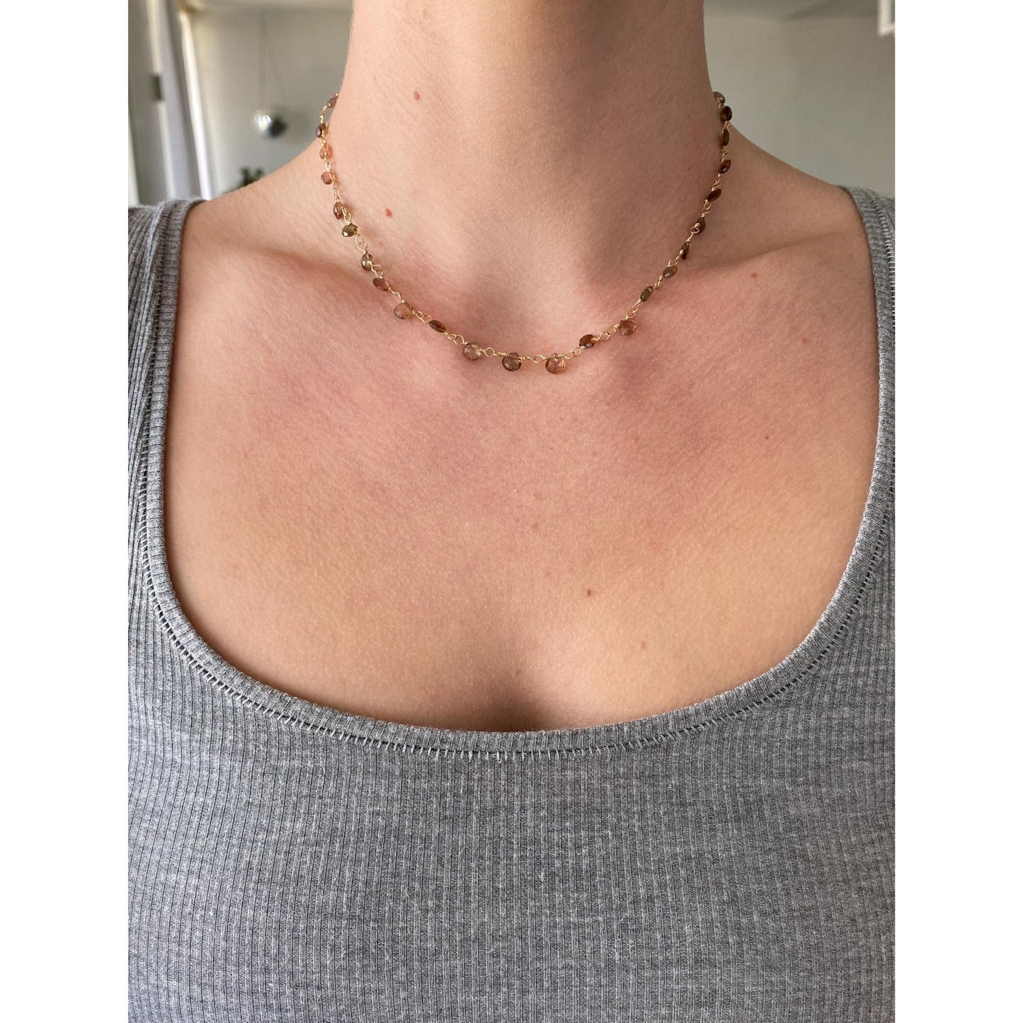 Vintage Solid 14k Yellow Gold Smokey & Pink Quartz Bead Link Necklace - 15.5 inches