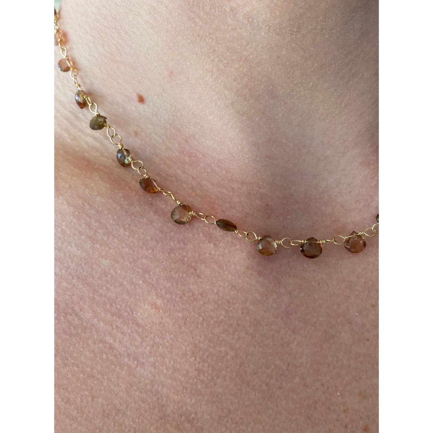 Vintage Solid 14k Yellow Gold Smokey & Pink Quartz Bead Link Necklace - 15.5 inches