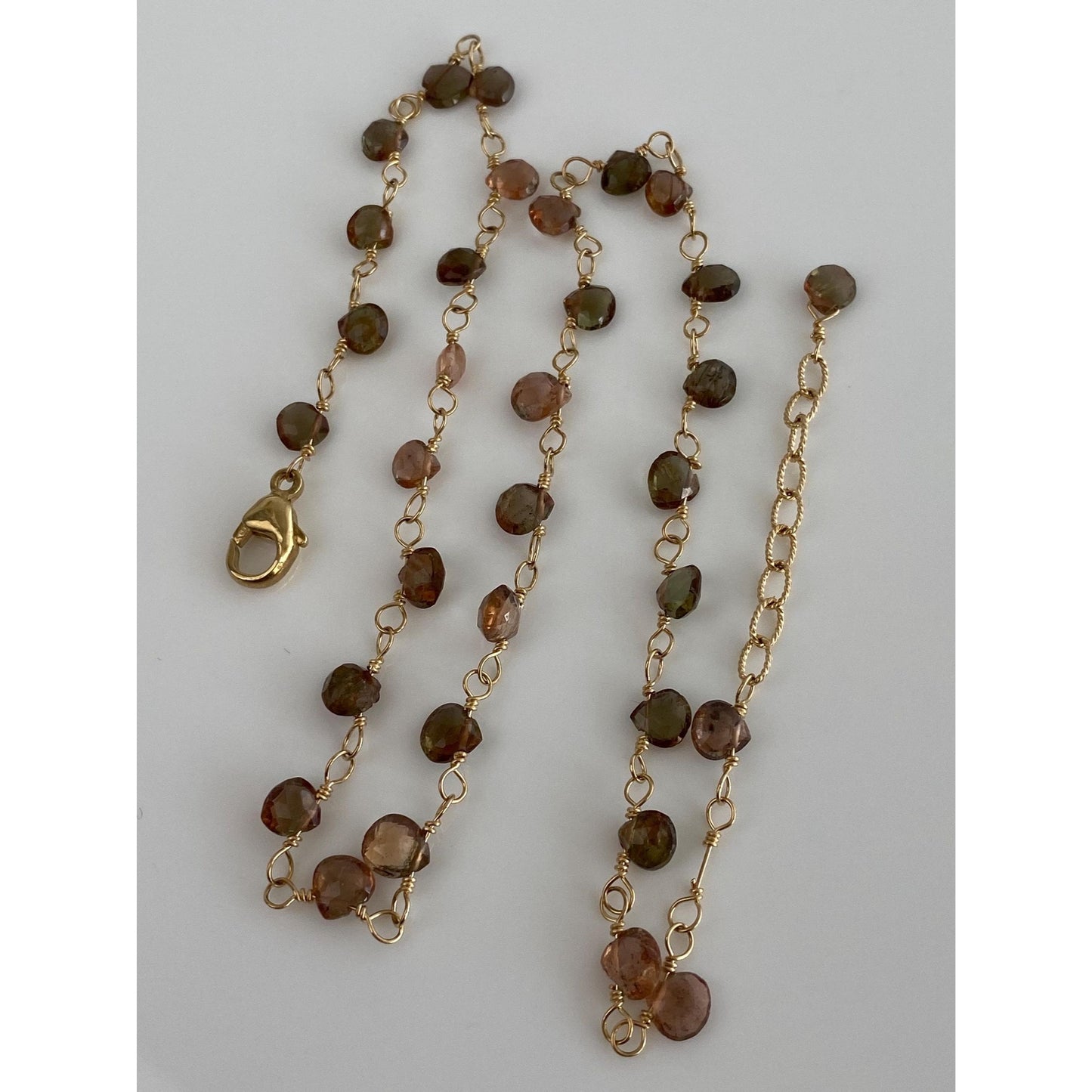 Vintage Solid 14k Yellow Gold Smokey & Pink Quartz Bead Link Necklace - 15.5 inches