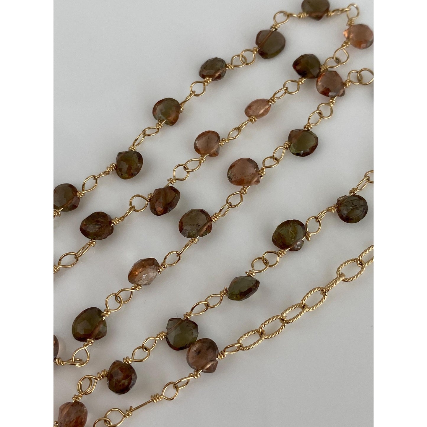 Vintage Solid 14k Yellow Gold Smokey & Pink Quartz Bead Link Necklace - 15.5 inches