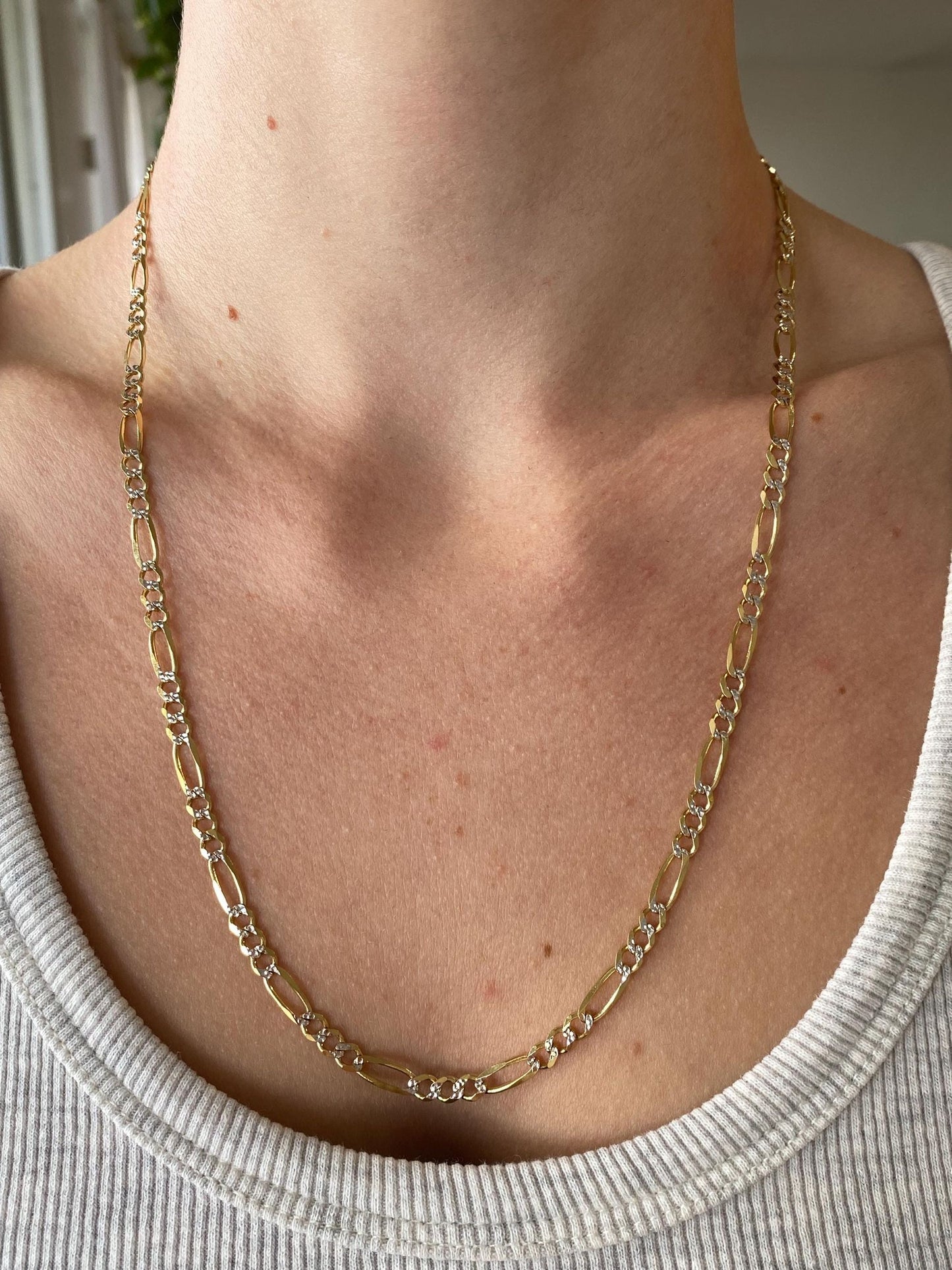 Vintage Solid 10k White & Yellow Gold Figaro Chain Necklace - 22 inches