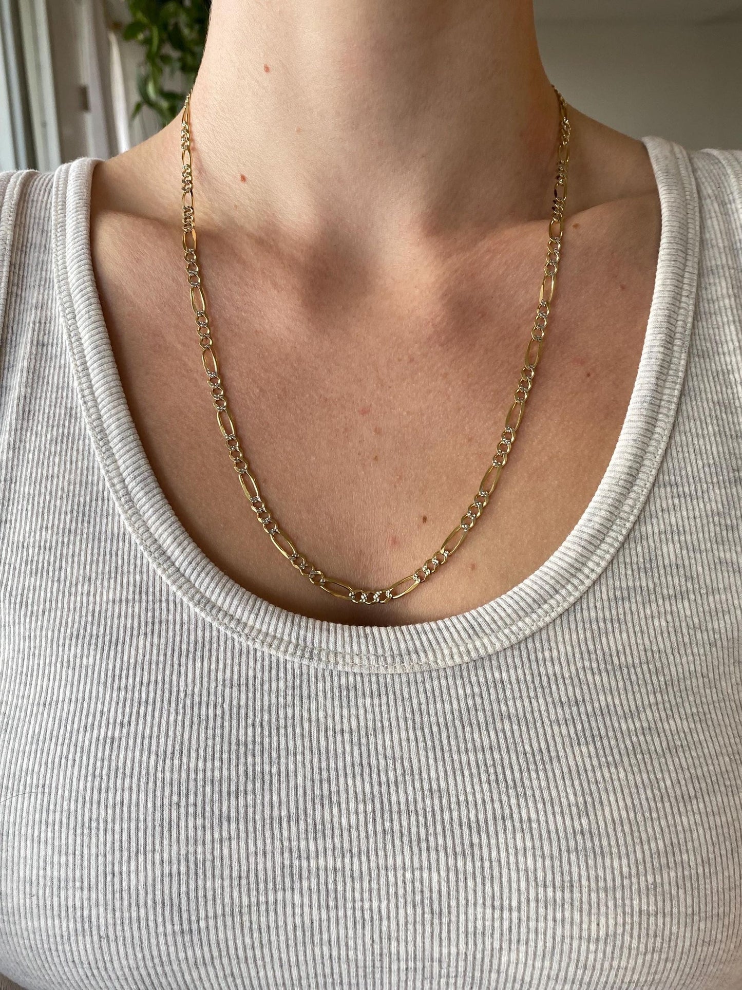 Vintage Solid 10k White & Yellow Gold Figaro Chain Necklace - 22 inches