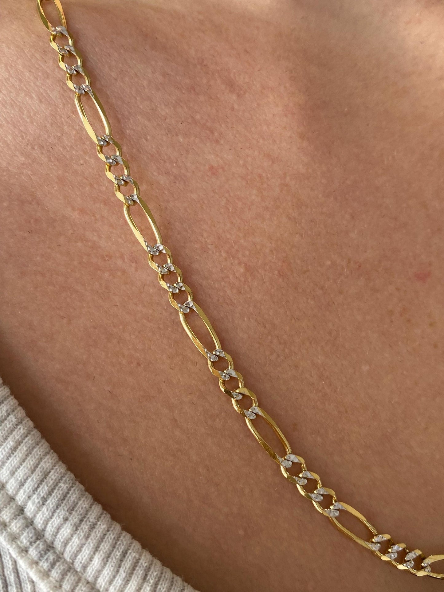 Vintage Solid 10k White & Yellow Gold Figaro Chain Necklace - 22 inches