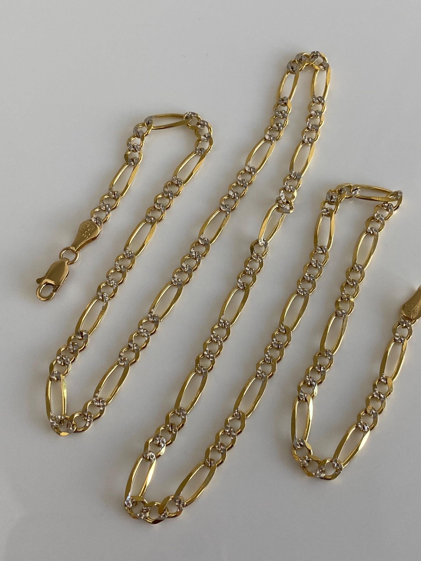 Vintage Solid 10k White & Yellow Gold Figaro Chain Necklace - 22 inches