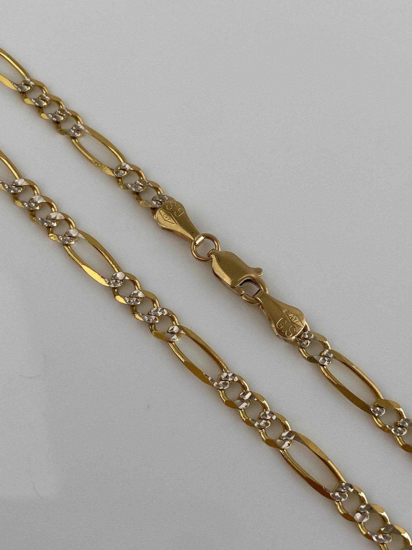 Vintage Solid 10k White & Yellow Gold Figaro Chain Necklace - 22 inches