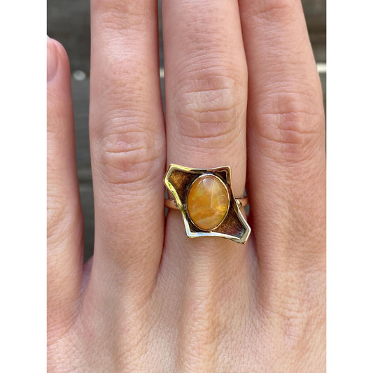 Vintage Solid 14k Yellow Gold Mexican Fire Opal Ring Band - Size 5.75