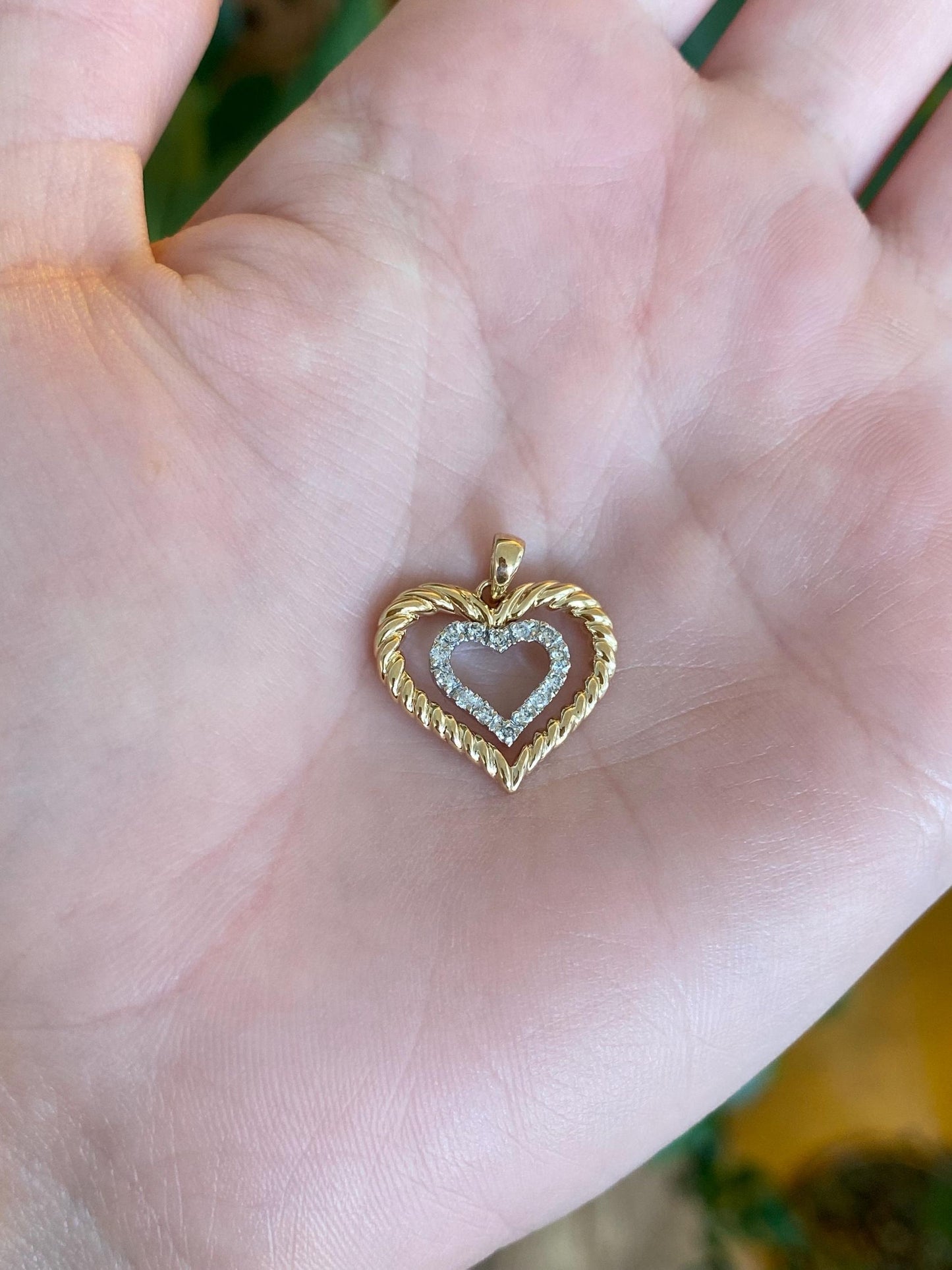 Vintage Solid 14k White & Yellow Gold Diamond Hearts Charm