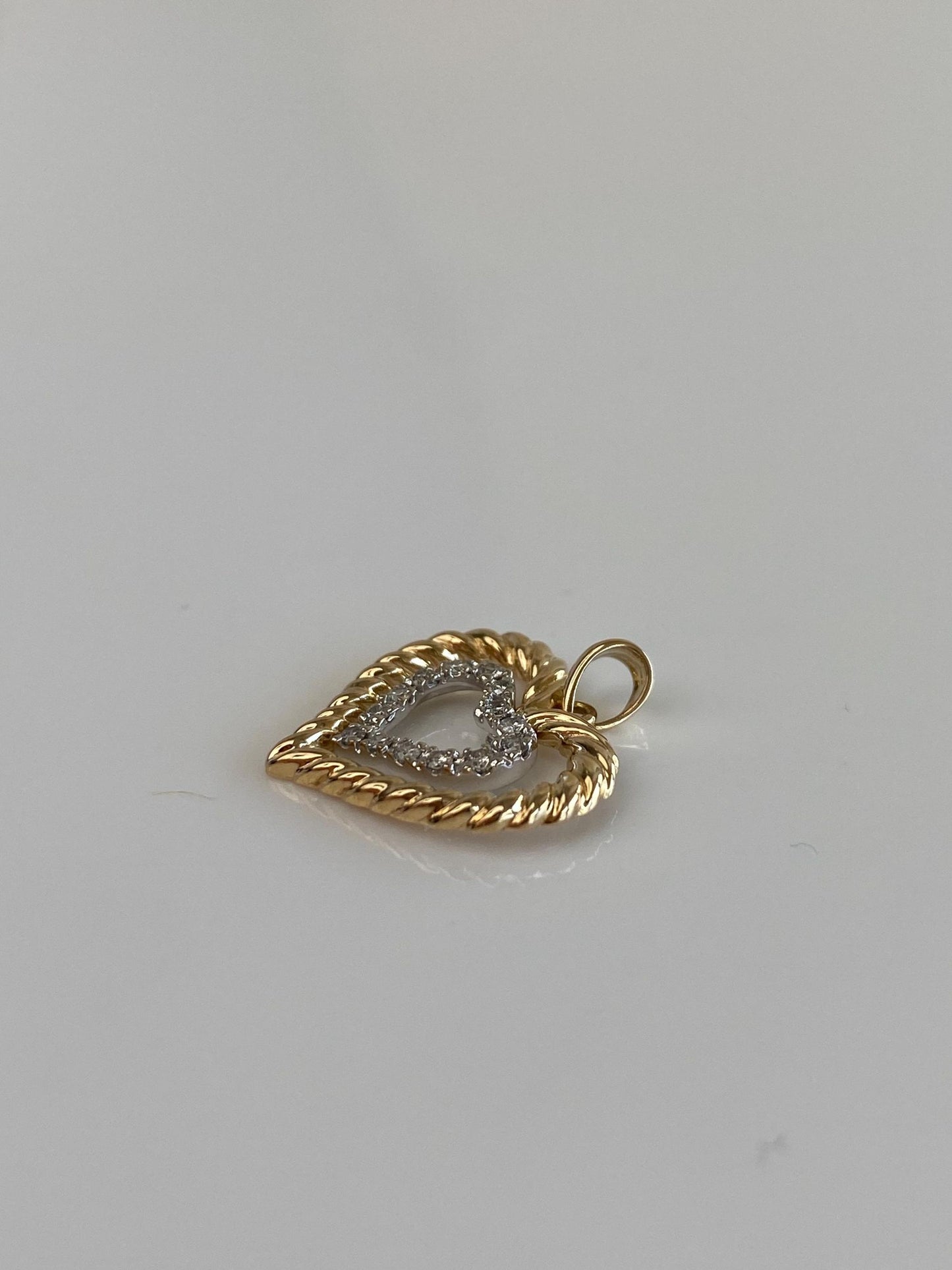 Vintage Solid 14k White & Yellow Gold Diamond Hearts Charm