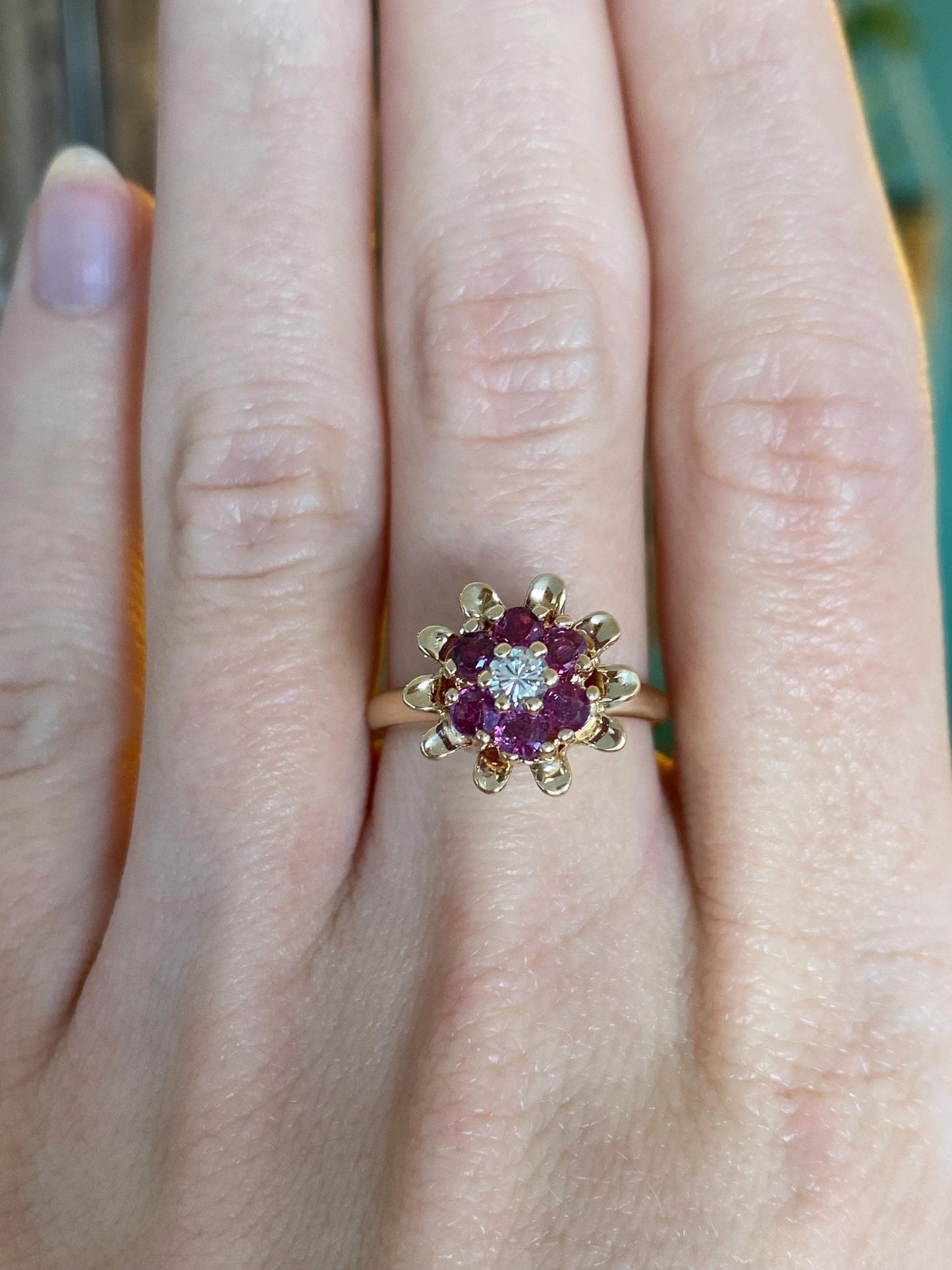 Vintage Solid 14k Yellow Gold Diamond Ruby Flower Ring - Size 6.75