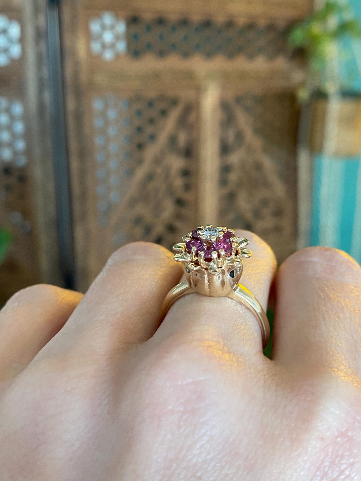 Vintage Solid 14k Yellow Gold Diamond Ruby Flower Ring - Size 6.75