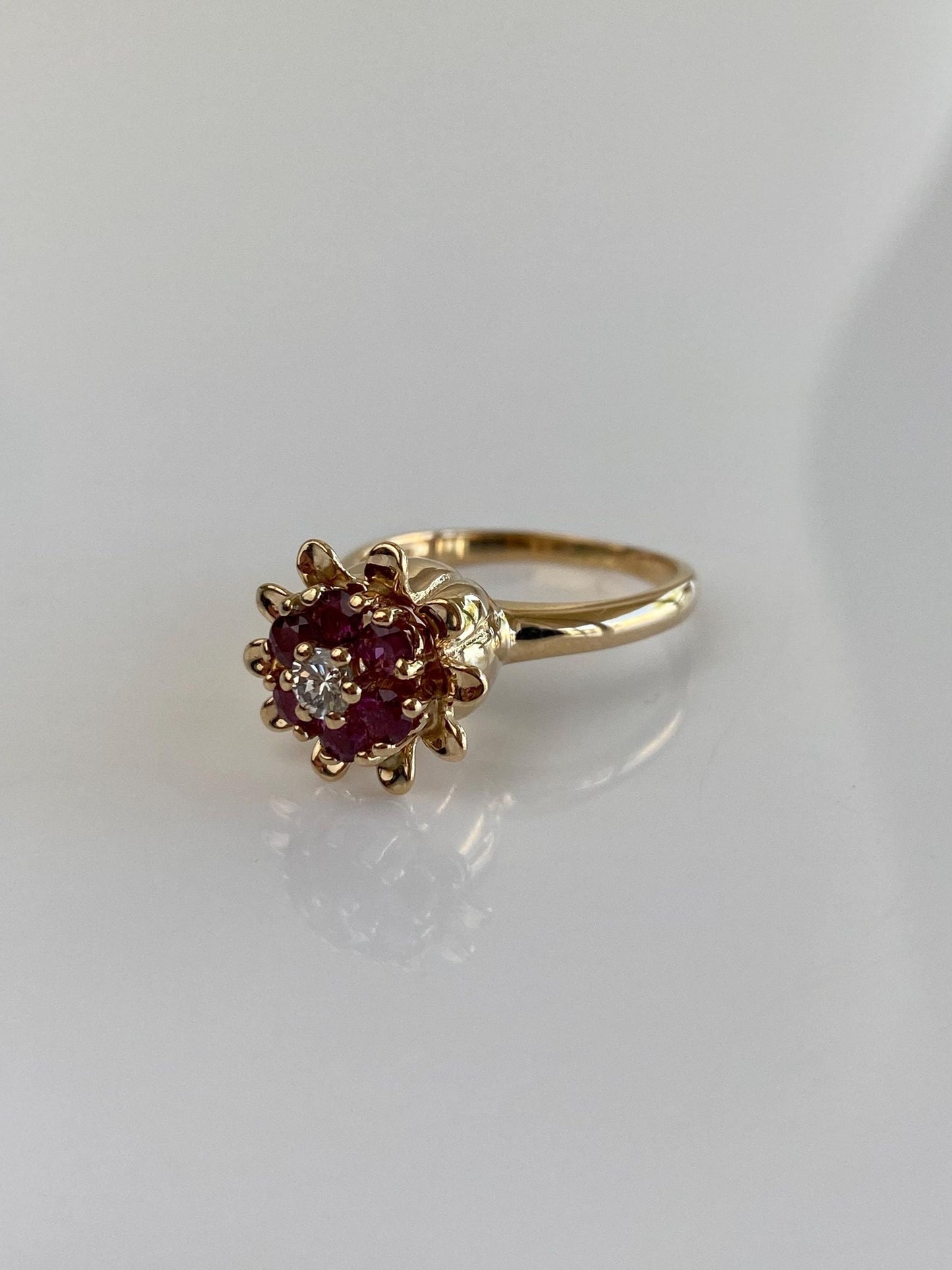Vintage Solid 14k Yellow Gold Diamond Ruby Flower Ring - Size 6.75