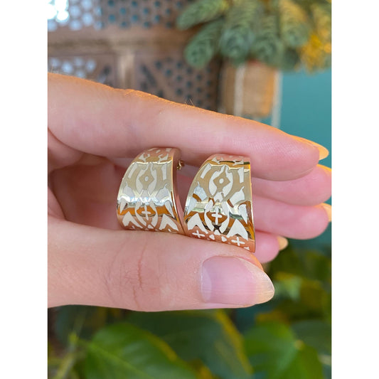 Vintage 14k Yellow Gold White Enamel Drop Earrings