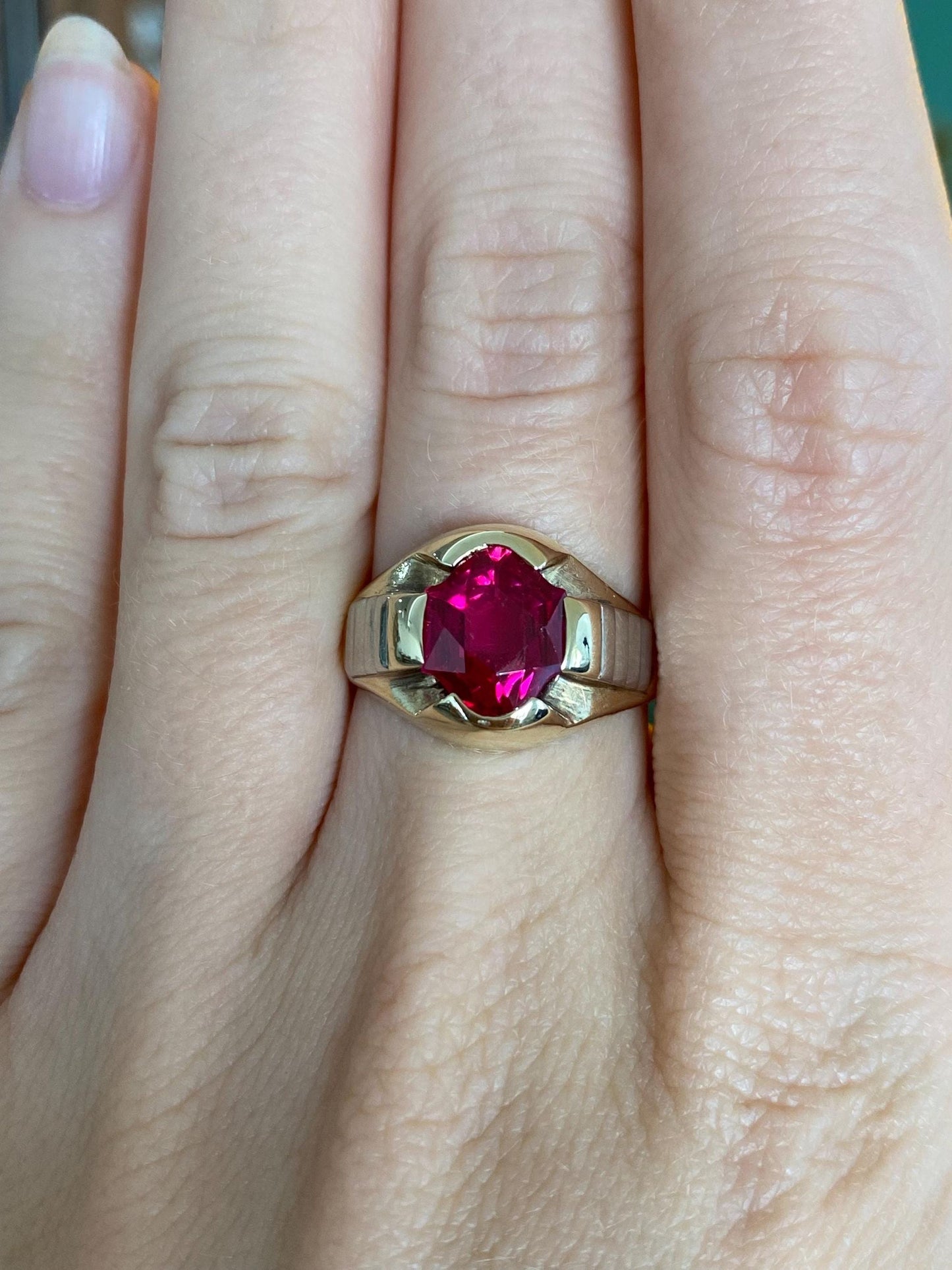 Vintage Solid 10k White & Yellow Gold Pink Sapphire Signet Ring - Size 7.25