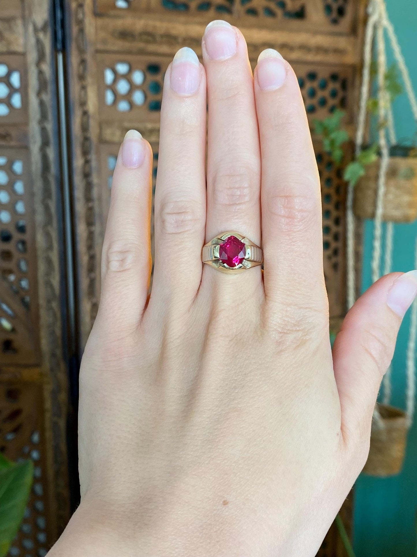 Vintage Solid 10k White & Yellow Gold Pink Sapphire Signet Ring - Size 7.25