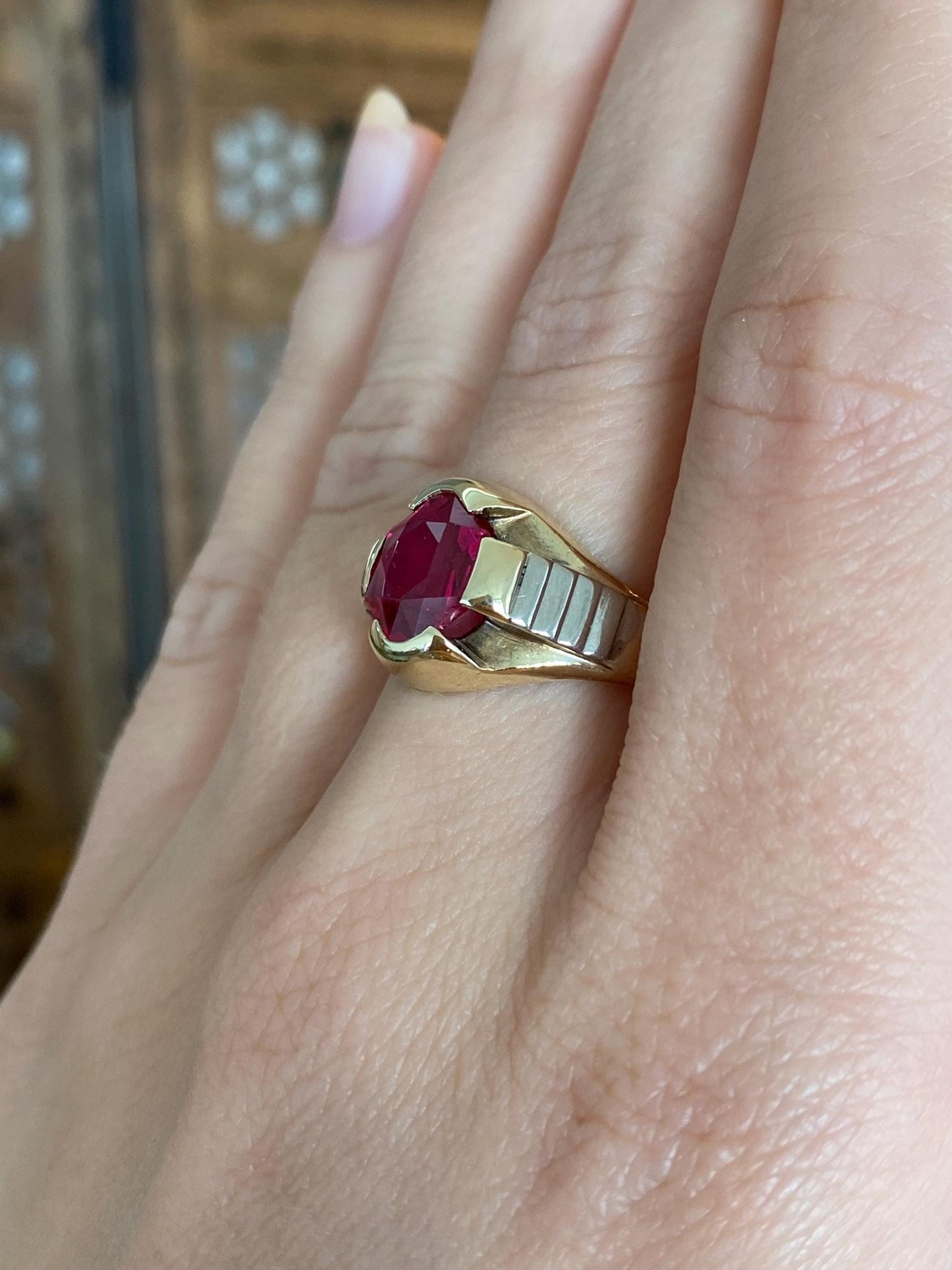 Vintage Solid 10k White & Yellow Gold Pink Sapphire Signet Ring - Size 7.25