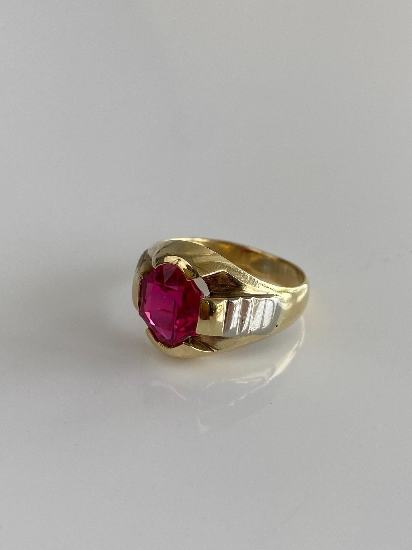 Vintage Solid 10k White & Yellow Gold Pink Sapphire Signet Ring - Size 7.25
