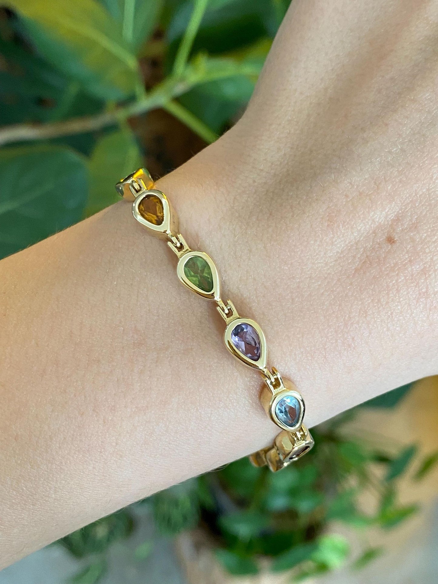 Solid 14k Yellow Gold Amethyst Garnet Citrine Topaz & Peridot Link Bracelet - 7 Inches