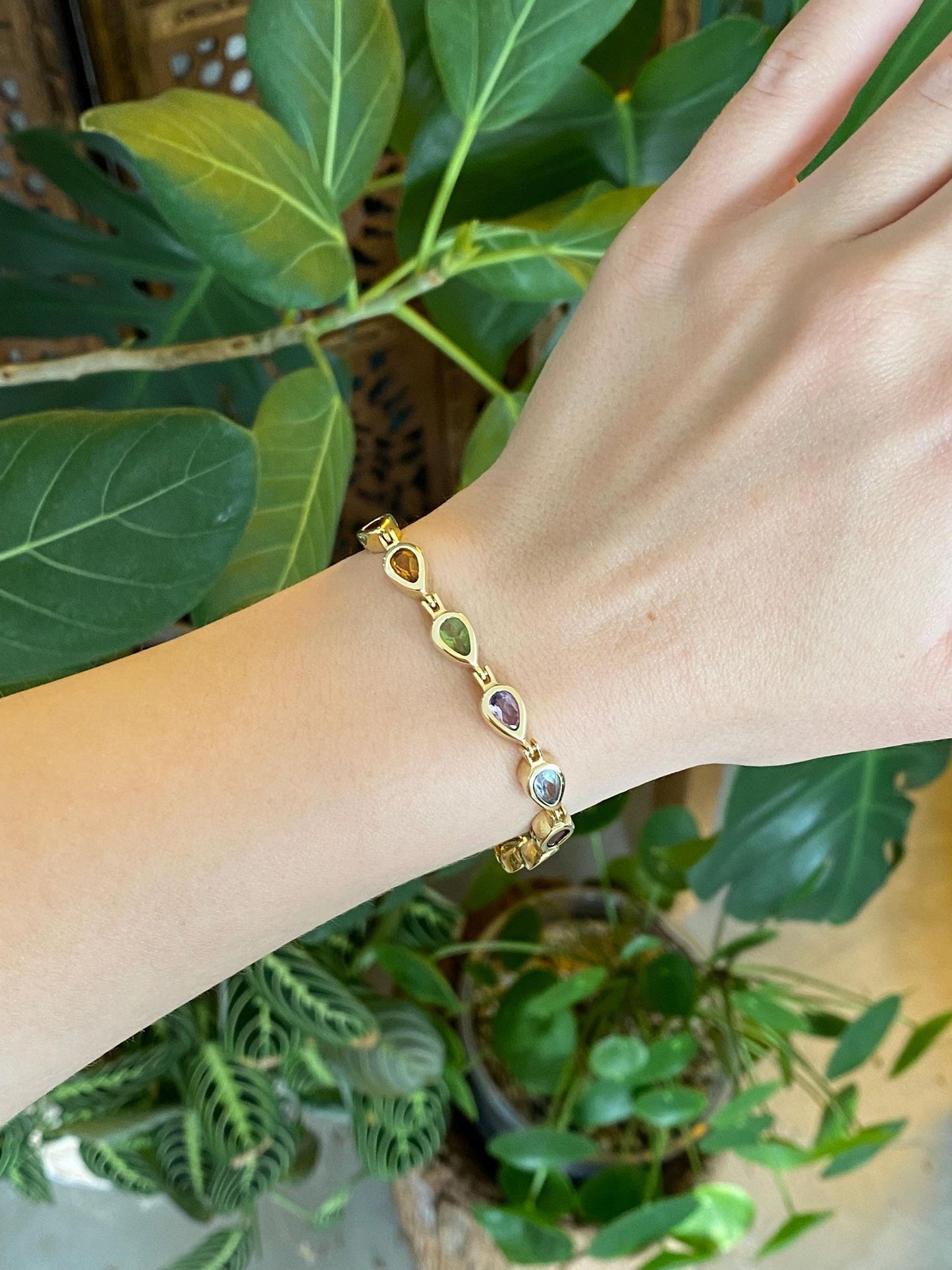 Solid 14k Yellow Gold Amethyst Garnet Citrine Topaz & Peridot Link Bracelet - 7 Inches