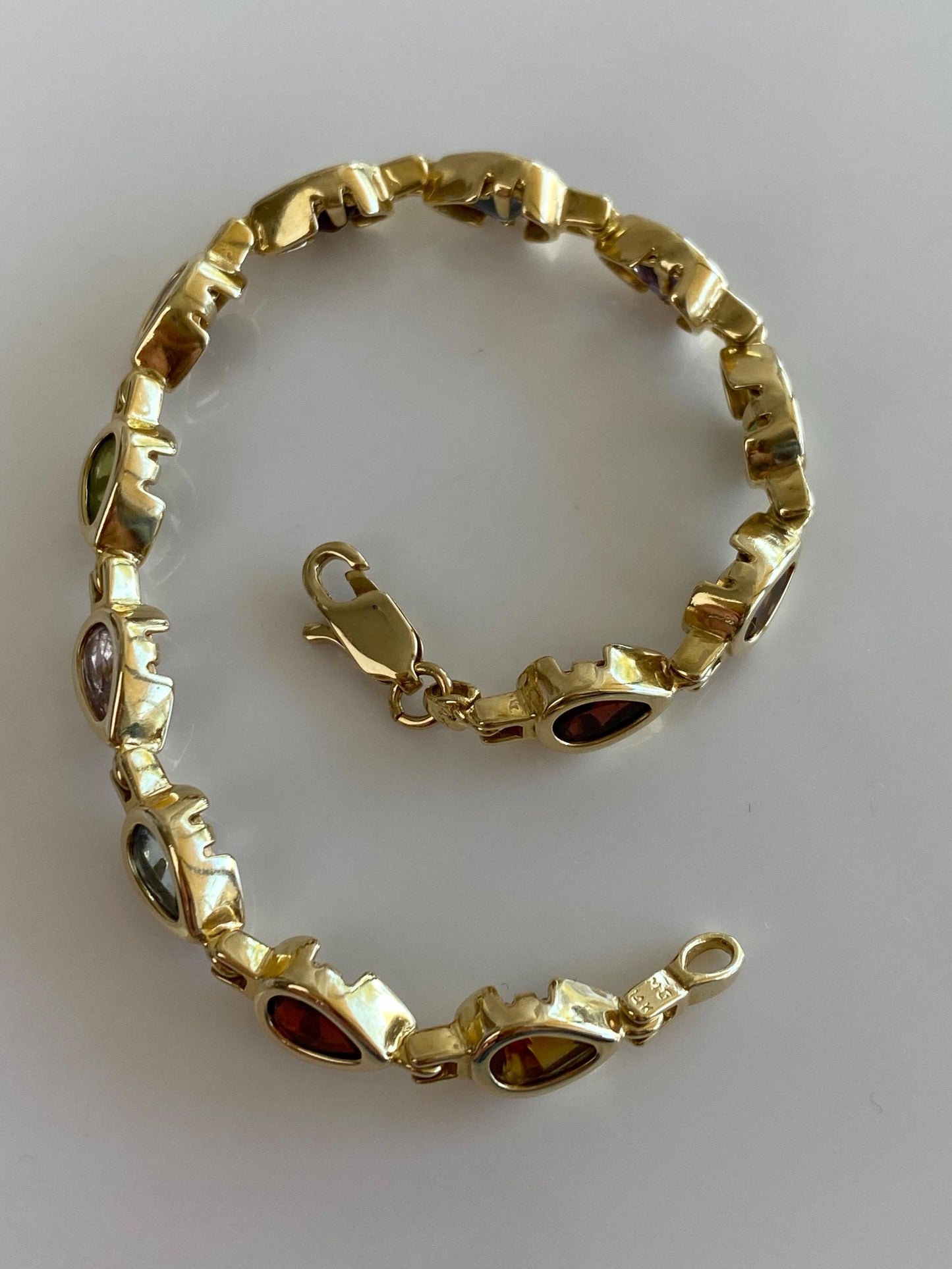 Solid 14k Yellow Gold Amethyst Garnet Citrine Topaz & Peridot Link Bracelet - 7 Inches