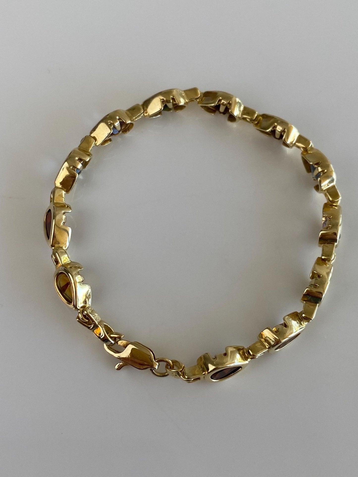 Solid 14k Yellow Gold Amethyst Garnet Citrine Topaz & Peridot Link Bracelet - 7 Inches